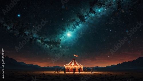 a red and white striped circus tent with a starry night sky behind it.