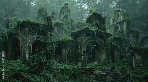 Ancient ruins covered in wild growth within a forest
