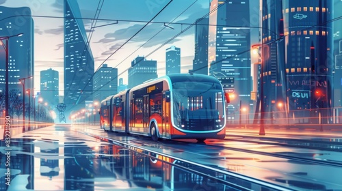 An American city with smart buses and AI-managed public transport systems, in a sleek, futuristic style. --ar 16:9 --style raw Job ID: 49cd654b-07f6-4acb-9edc-71e7438cafcb