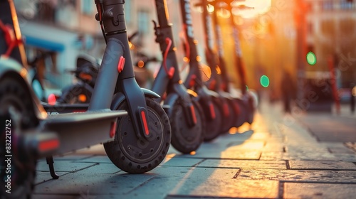 Electric scooters lined up on a city sidewalk, offering a convenient and eco-friendly mode of urban transportation