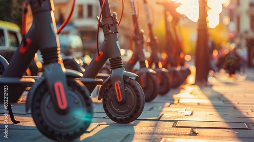 Electric scooters lined up on a city sidewalk, offering a convenient and eco-friendly mode of urban transportation