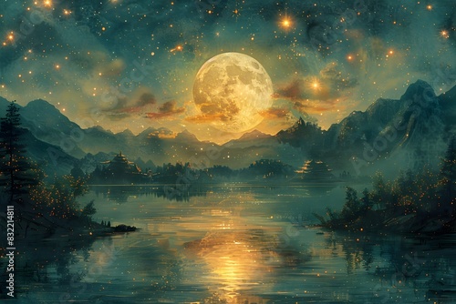 Astrological Tarot Archetypes Illuminated by Art Nouveau Mysticism and Moonlit Lake Shore