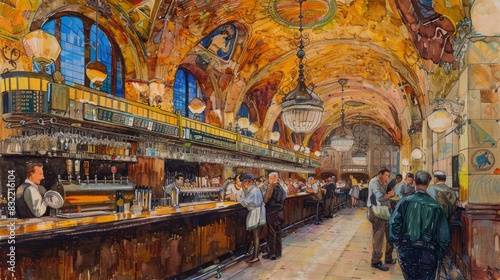 An interior scene of a crowded bar with a long wooden bar and bartenders serving drinks.