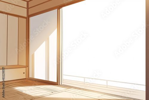 Sunlit traditional Japanese room with tatami mats and sliding doors creating a serene interior 