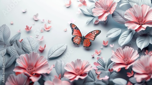 A vibrant red butterfly perched on pink and white flowers, surrounded by delicate petals, showcasing nature's tranquility and beauty.