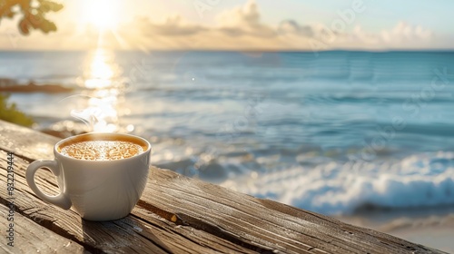 Morning coffee on a rustic wooden table by the beach with a serene ocean backdrop and a beautiful sunrise.