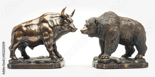 Bull and bear statues representing market trends, isolated white background, high detail, symbolic financial imagery
