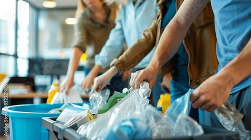 close-up of a team of workers recycling waste by gathering it in a container in a welcoming workspace. Workers, position, workplace