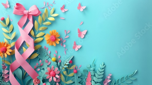 Pink Ribbon with Paper Flowers and Butterflies on a Turquoise Background for Breast Cancer Awareness, Spring, and Hope