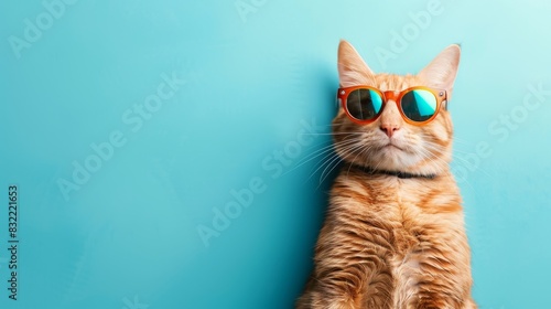 A cat wearing sunglasses and standing in front of a blue wall. The cat is wearing orange sunglasses and he is posing for a photo