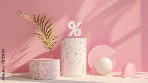 Sophisticated marble podium featuring percentage sign, pink and white ellipses.
