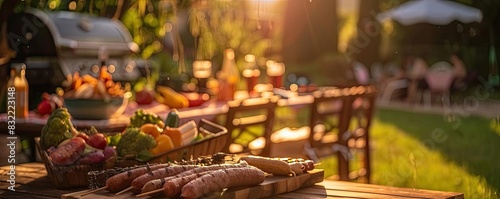 Charming outdoor dining setup with grilled delights and fresh produce, basking in the warm glow of a sunset, perfect for a summer gathering.