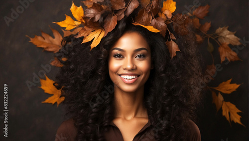 beautiful smiling Black woman with beautiful dark hair decorated with yellow autumn leaves 