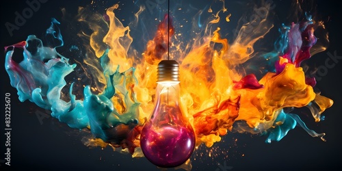 Creative Inspiration: Colorful Paint Splatters from Exploding Light Bulb on Black Background. Concept Abstract Art, Light Bulb Explodes, Colorful Paint Splatters, Creative Photography