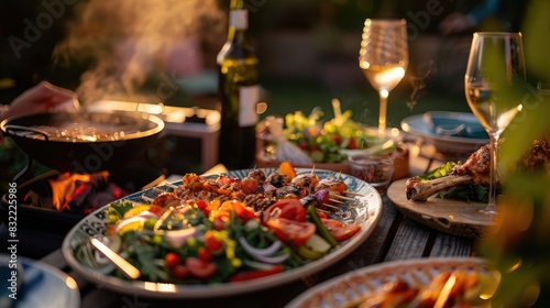 A colorful and vibrant outdoor dinner party setting with fresh salads, grilled food, and glasses of wine in a cozy evening atmosphere.