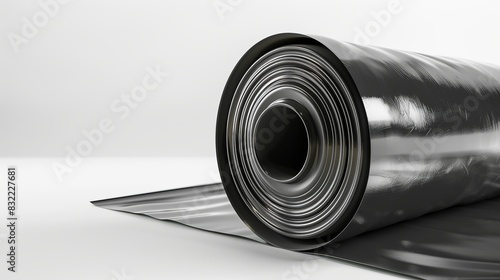 Isolated on white, a roll of black plastic polyethylene sheeting