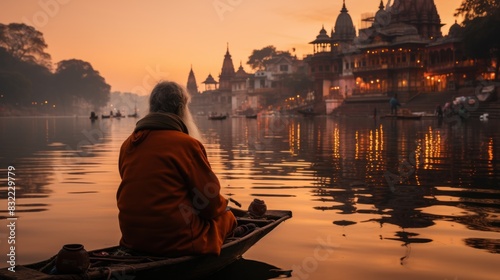 A serene image of a solitary monk on a boat overlooking the ghats of Varanasi on the Ganges river at sunrise, reflecting on the water