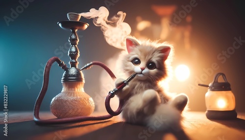 cute cat lounging and smoking a hookah