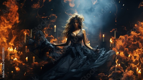 A stunning woman in a flowing gown is surrounded by flickering candle flames, creating an otherworldly atmosphere