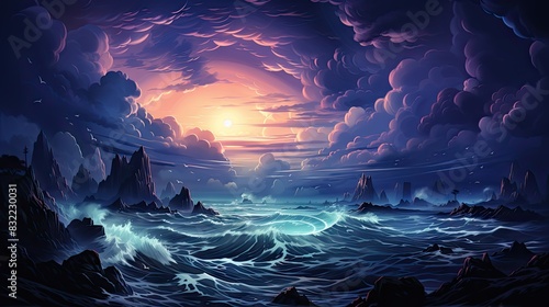 Vibrant fantasy seascape illustration with tumultuous waves and a dramatic sky under moonlight