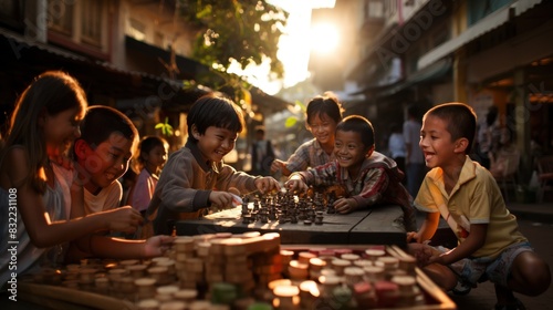 Happy children gather around a chessboard, engrossed in a game during sunset in an outdoor market