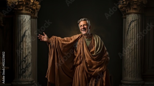 A man in a toga strikes a pose reminiscent of a classical Roman orator against a dramatic backdrop with columns