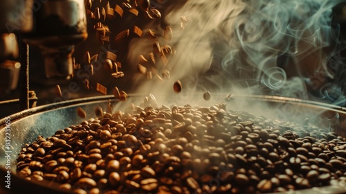 Coffee beans from the trees are roasted in a traditional drum roaster.