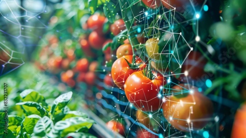 Blockchain technology tracking the journey of produce from farm to table, ensuring transparency and accountability in the food supply chain. --ar 16:9 --style raw J