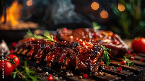 Delicious grilled BBQ ribs on a wooden table with herbs and tomatoes, perfect for a summer feast or backyard barbecue.