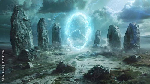 A mystical portal opening in an ancient stone circle