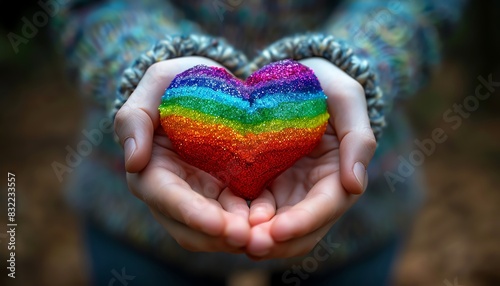 Close-up of hands holding a rainbow heart, symbolizing love, diversity, and acceptance.
