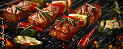 Grilled vegetable skewers with zucchini, bell peppers, and rosemary on a barbecue grill. Perfect for a summer cookout or healthy meal.