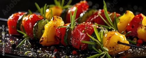 Close-up of vibrant vegetable skewers garnished with fresh rosemary, featuring a mix of red, yellow, and green peppers on a black plate.