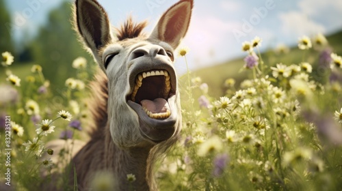 Portrait of happy donkey rejoice with spring.