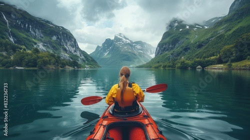 A solitary woman in a kayak enjoys the serene beauty of a mountainous fjord, with peaceful water and a cloudy sky overhead