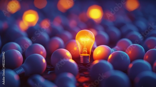 Symbolizing differentiation and choice, many white light bulbs illuminate a distinctive yellow bulb. The concept of Idea.