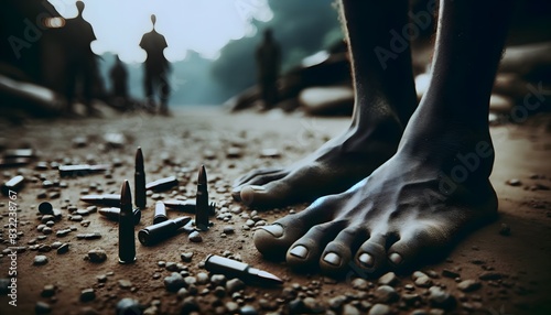 Barefoot poor civilian man standing amid scattered bullets on a rough, dirt road, highlighting the brutal realities of war and human rights violations