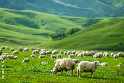 Serene green pasture with grazing sheep in rolling hills, a beautiful rural countryside landscape