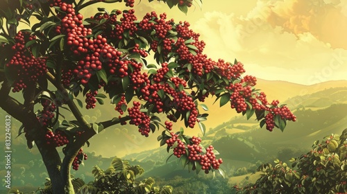 The beauty of coffee cultivation It features a coffee tree filled with ripe coffee cherries. ready for harvest