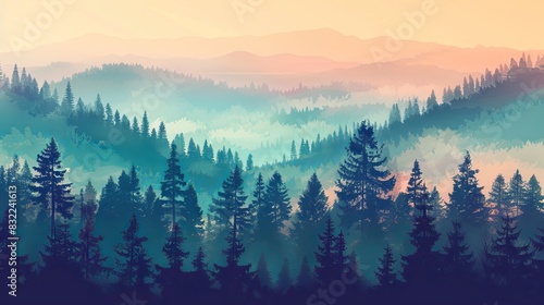 Misty Landscape with Fir Forest in Vintage Retro Style - Serene Nature Scene