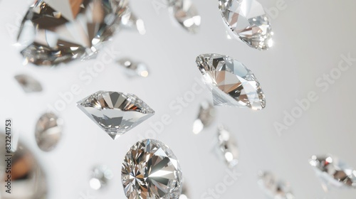 luxurious diamonds suspended in mid-air, refracting light, showcasing their brilliance and fire, against a crisp white background, exuding opulence and sophistication.