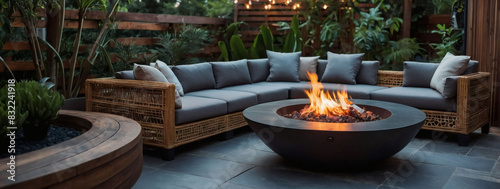 Trendy outdoor sanctuary, wood deck, luxurious rattan sectional, fire pit on slate tile.