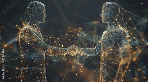 The hologram of a social network theme and the handshake of two men are double exposed.