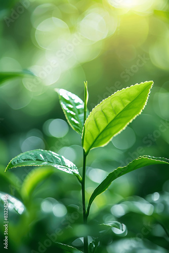 Closeup Tea Leaves Fresh Green Background Tea Garden Plantation Natural Look Tender Young Leaf Green Tea Tree Branch Grass Sprouts