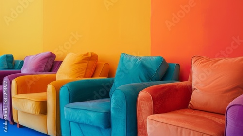 Cozy, vibrant scene featuring a gatherings of empty, plush armchairs on a bold, brightly colored background, evoking feelings of comfort and relaxation.