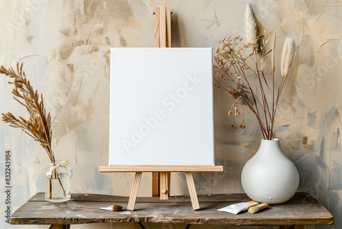 A blank canvas on an easel surrounded by artist's tools and a vase with pampas grass, against an artistic textured backdrop