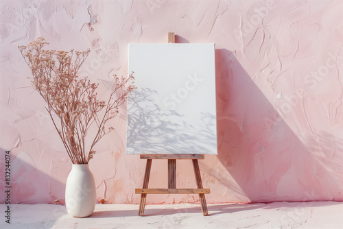 An art setup with a blank canvas on a wooden easel and a vase with dried plants, against a textured pink wall with shadows