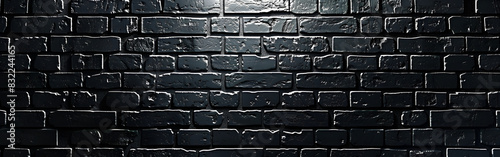 Wide black brick wall texture Rough brickwork Dark gray gloomy grunge widescreen background 
