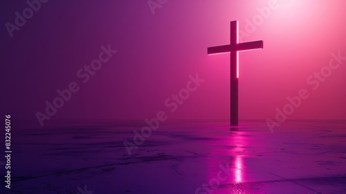 Vibrant purple and pink hues surround a minimalist christian-themed background, evoking a sense of spiritual reverence and worship, sans human presence.
