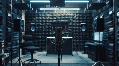 Soundproof recording studio setup with professional microphone, headphones, and acoustic panels, ready for precise voiceover, dubbing, or narration recording sessions.